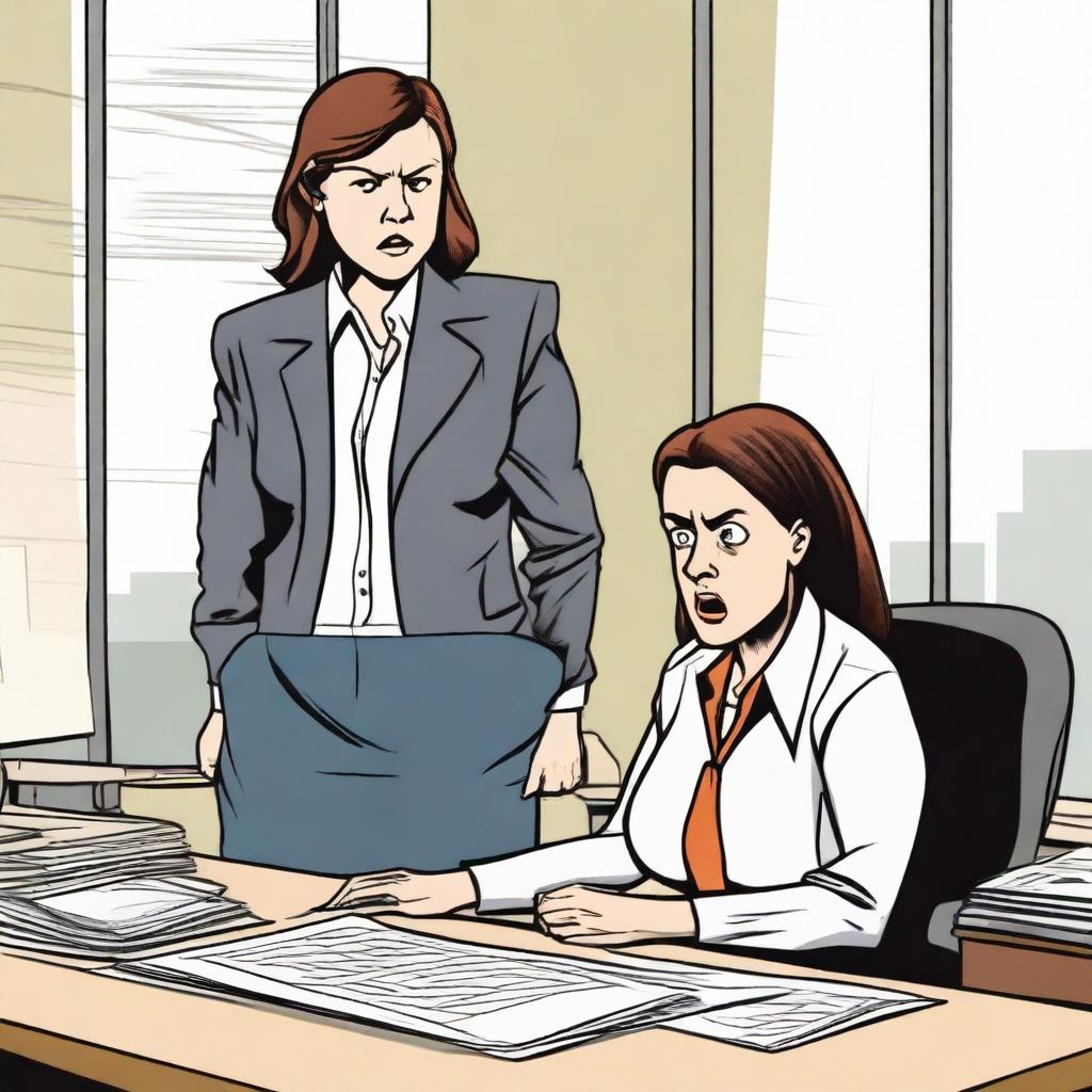 A woman in an office looks frightened as her boss stands over her desk