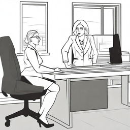 A woman in an office looks frightened as her boss stands over her desk