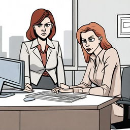 A woman in an office looks frightened as her boss stands over her desk