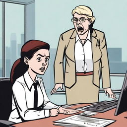 A woman in an office looks frightened as her boss stands over her desk