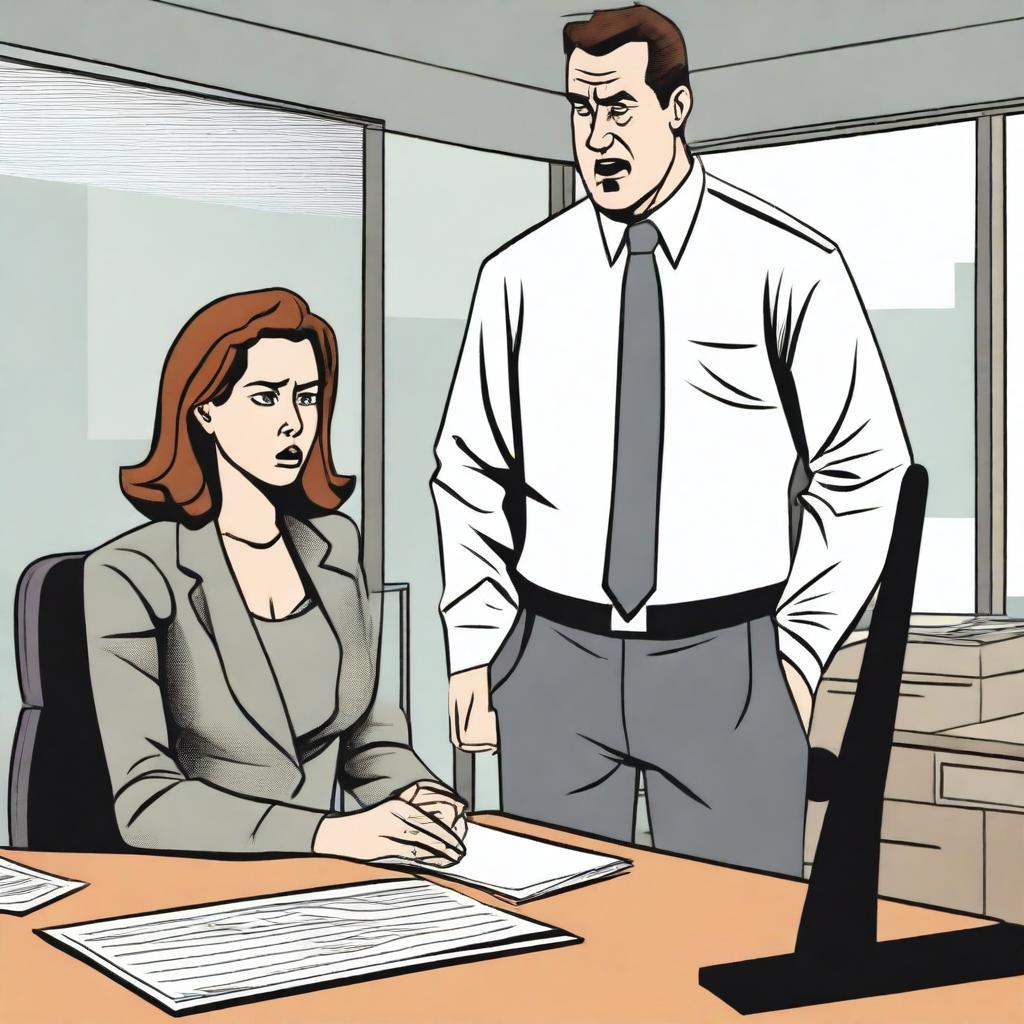 A woman in an office looks frightened as her male boss stands over her desk