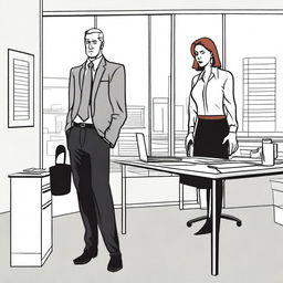 A woman in an office looks frightened as her male boss stands over her desk