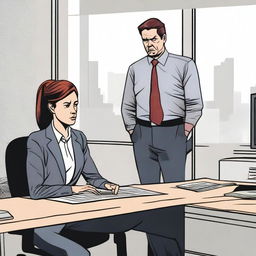 A woman in an office looks frightened as her male boss stands over her desk