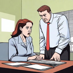 A woman in an office looks frightened as her male boss stands over her desk