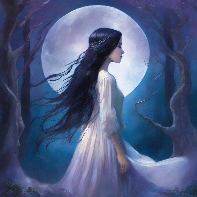 The cover features a hauntingly beautiful scene with a young woman standing in front of a massive full moon