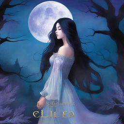 The cover features a hauntingly beautiful scene with a young woman standing in front of a massive full moon