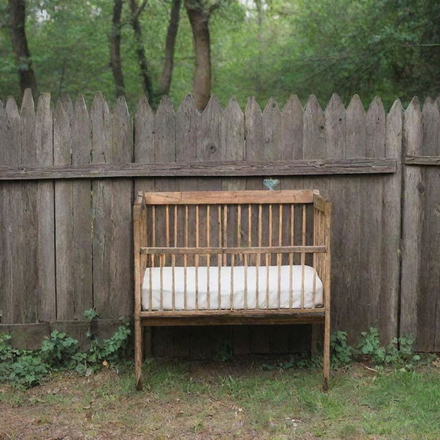 A rustic wooden fence with a quaint baby crib nearby.