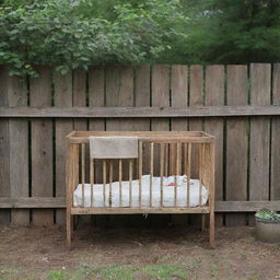 A rustic wooden fence with a quaint baby crib nearby.