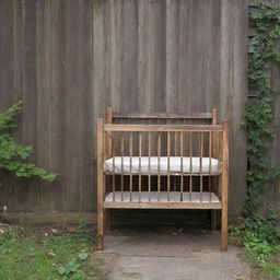 A rustic wooden fence with a quaint baby crib nearby.