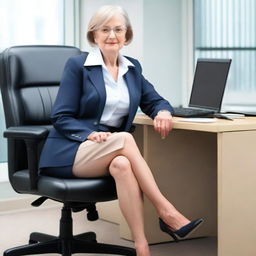 Create a realistic photo of a 70-year-old secretary wearing a miniskirt, sitting on an office chair