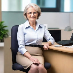 Create a realistic photo of a 70-year-old secretary wearing a miniskirt, sitting on an office chair