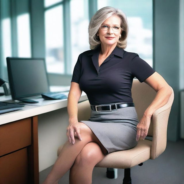 Create a realistic photo of a 60-year-old sexy secretary wearing a very short miniskirt, sitting on an office chair