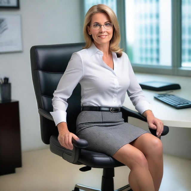 Create a realistic photo of a 50-year-old sexy secretary wearing a very short Scottish miniskirt and a low-cut top, sitting on an office chair with her legs spread open