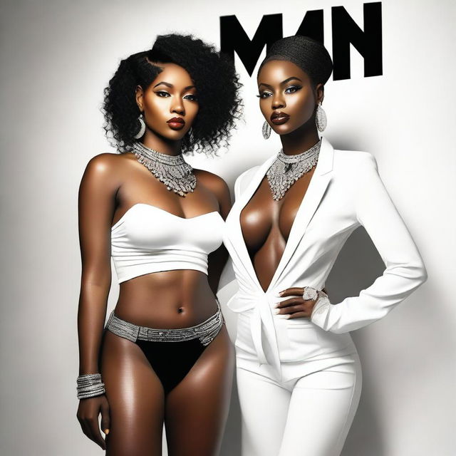 Generate an image of a black model and a white model, both dressed in ultra sexy attire, looking erotic with larger breasts, and wearing nice jewelry