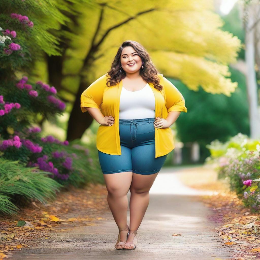 A cheerful and confident chubby girl smiling and posing in a colorful outdoor setting, surrounded by nature