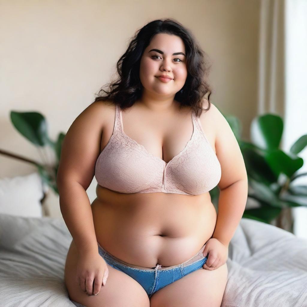 A chubby girl wearing a bra, posing confidently in a tasteful and artistic manner