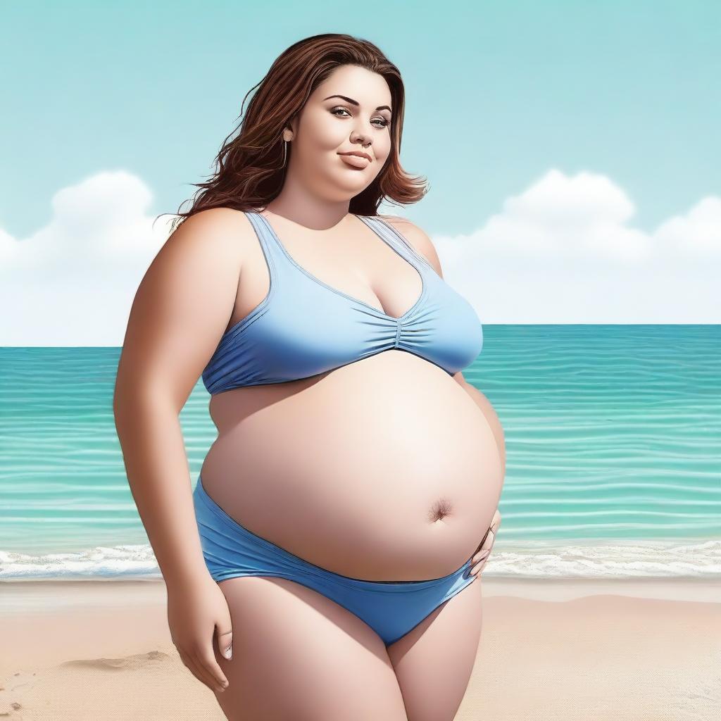 A realistic image of a pregnant plus-sized girl wearing a bikini