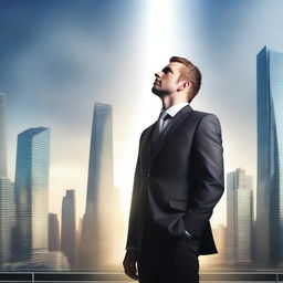 A businessman standing confidently with a beam of light shining down from the sky onto him