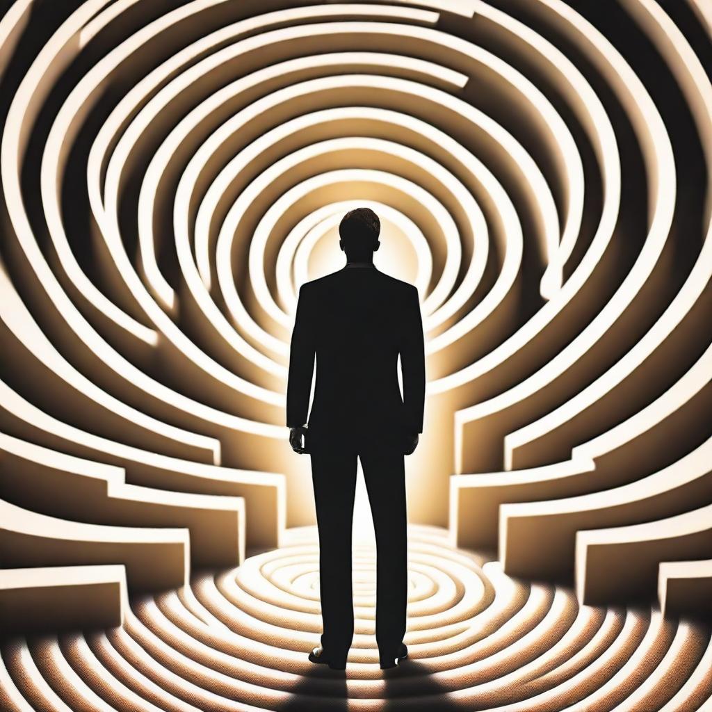 A businessman seen from behind, standing at the entrance of a labyrinth