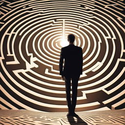 A businessman seen from behind, standing at the entrance of a labyrinth