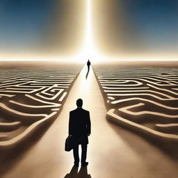 A businessman seen from behind, holding a briefcase and standing at the entrance of a labyrinth on an endless road