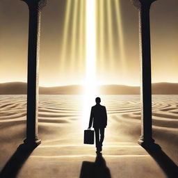 A businessman seen from behind, holding a briefcase and standing at the entrance of a labyrinth on an endless road