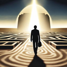 A businessman seen from behind, holding a briefcase and standing at the entrance of a labyrinth on an endless road