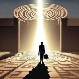 A businessman seen from behind, holding a briefcase and standing at the entrance of a labyrinth on an endless road