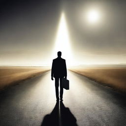 A businessman seen from behind, holding a briefcase and standing at a crossroads on an endless road