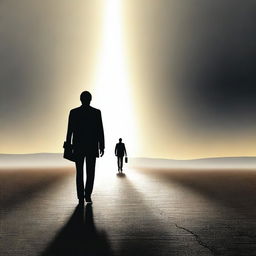 A businessman seen from behind, holding a briefcase and standing at a crossroads on an endless road