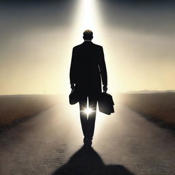 A businessman seen from behind, holding a briefcase and standing at a crossroads on an endless road