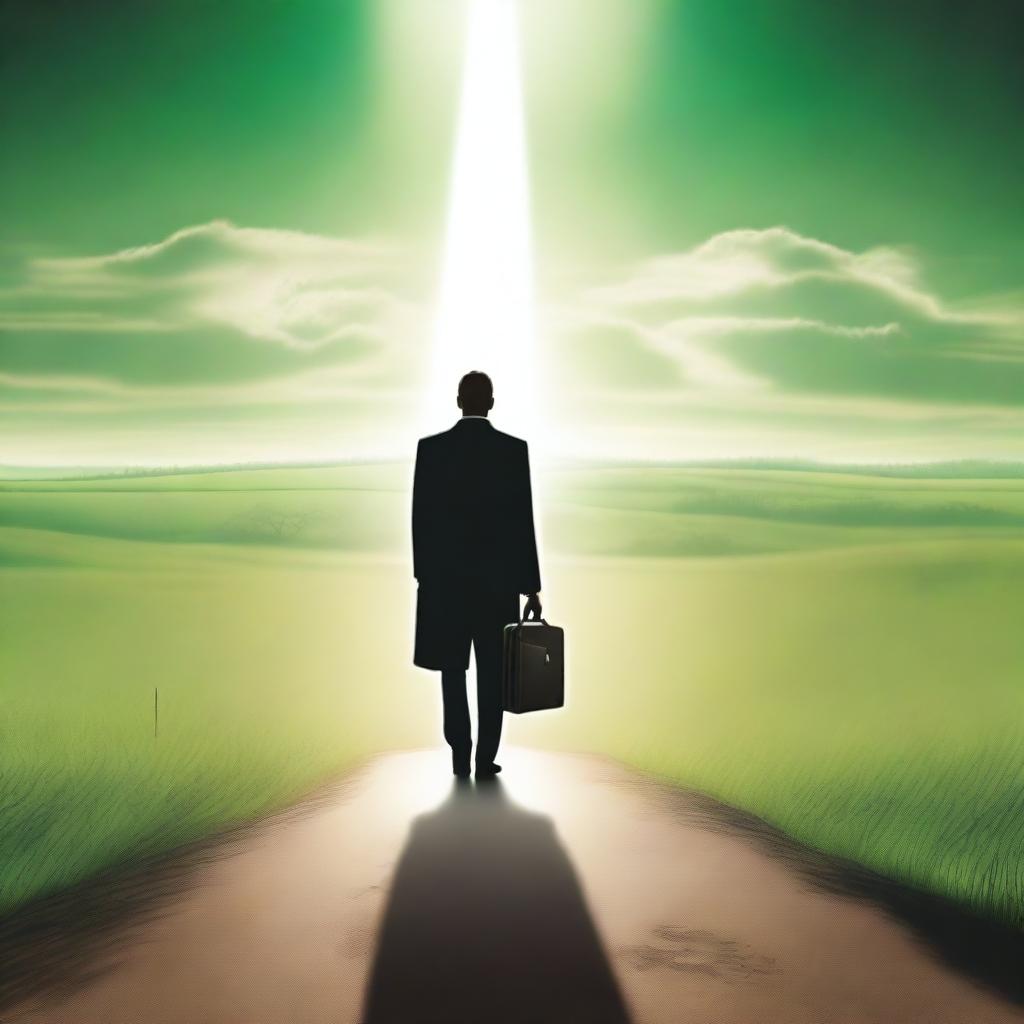 A businessman seen from behind, holding a briefcase and standing at a crossroads on an endless road