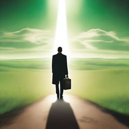 A businessman seen from behind, holding a briefcase and standing at a crossroads on an endless road