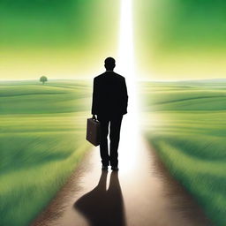 A businessman seen from behind, holding a briefcase and standing at a crossroads on an endless road