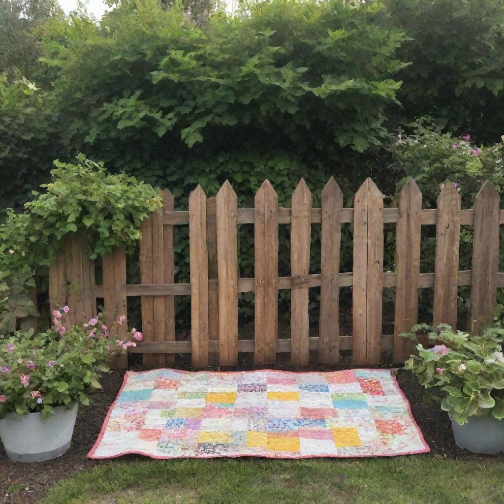 An animated style wooden fence, paired with a cozy baby quilt, nestled in a charming little garden.