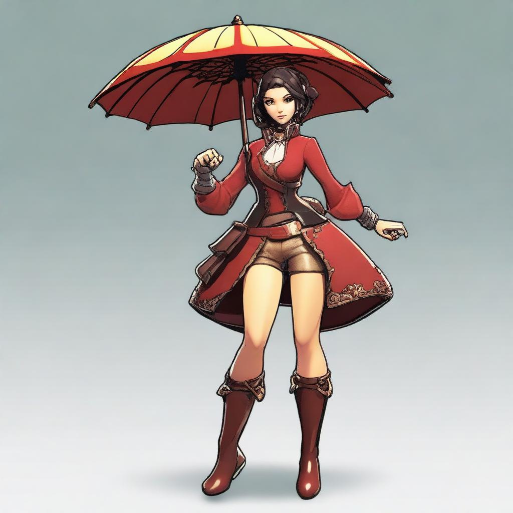 Create a dynamic and fierce brawler character named Amelie, who wields a parasol as her weapon