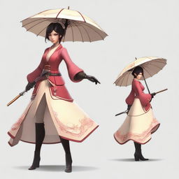 Create a dynamic and fierce brawler character named Amelie, who wields a parasol as her weapon