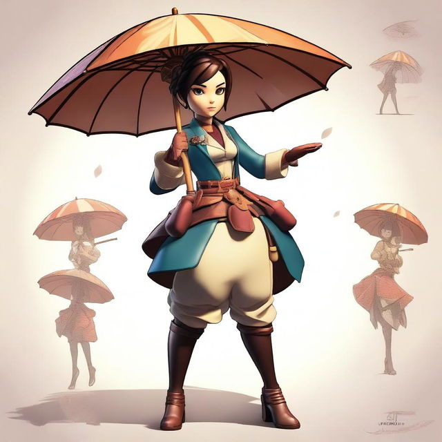 Create a dynamic and fierce brawler character named Amelie, who wields a parasol as her weapon