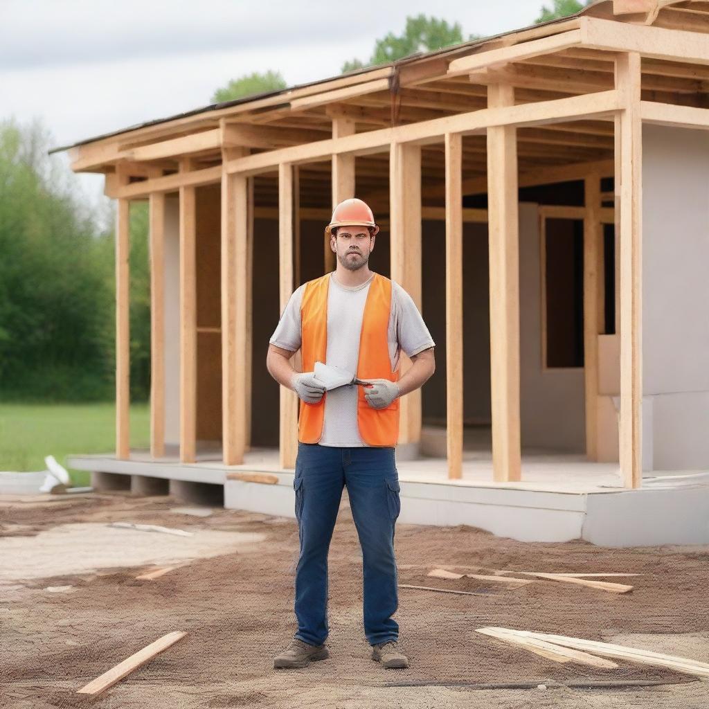 A constructor standing in front of an unfinished house without plaster