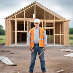 A constructor standing in front of an unfinished house without plaster