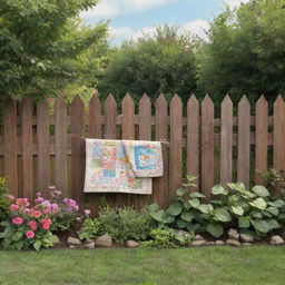 An animated style wooden fence, paired with a cozy baby quilt, nestled in a charming little garden.