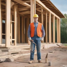 A constructor standing in front of an unfinished house without plaster