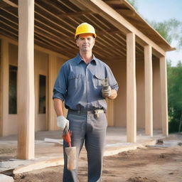 A constructor standing in front of an unfinished house without plaster