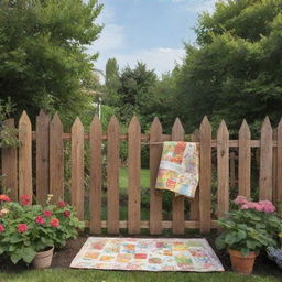 An animated style wooden fence, paired with a cozy baby quilt, nestled in a charming little garden.