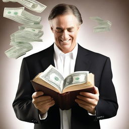 A Bible with money flowing out of it, while a man seen from behind is holding the Bible