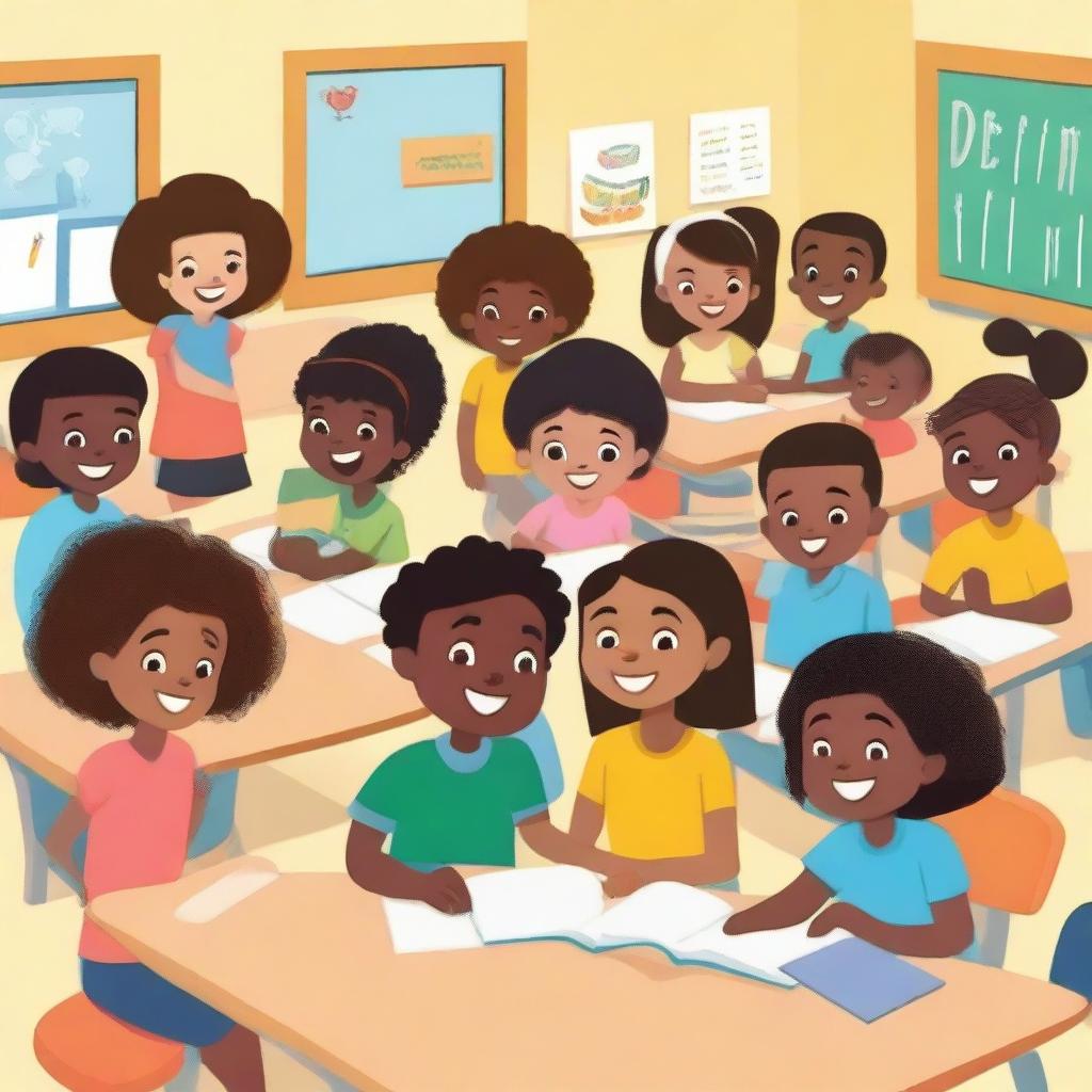 A diverse group of children in a classroom, each with different skin tones and hair types