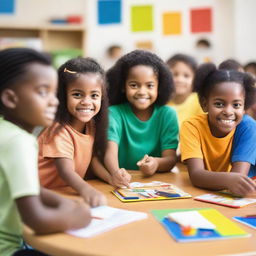 A diverse group of children in a classroom, each with different skin tones and hair types