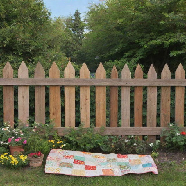 An animated style wooden fence, paired with a cozy baby quilt, nestled in a charming little garden.