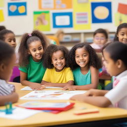 A diverse group of children in a classroom, each with different skin tones and hair types