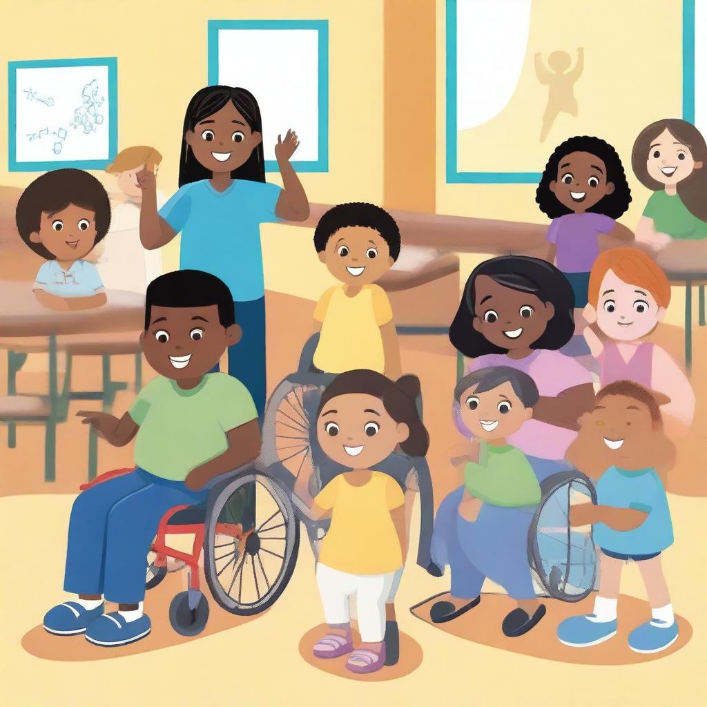 A diverse group of children in a classroom, each with different skin tones, hair types, and physical abilities